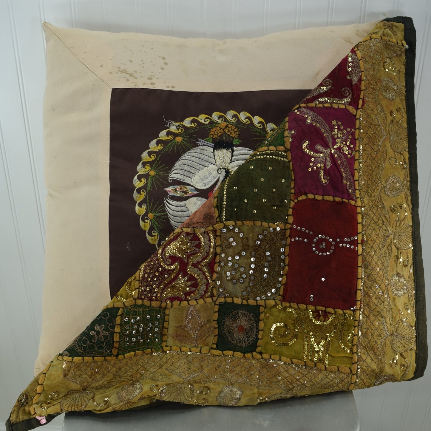 Large Vintage Pillow 2 Covers 24"  Patchwork Cover India Sequin 2nd Oriental Cranes bedroom