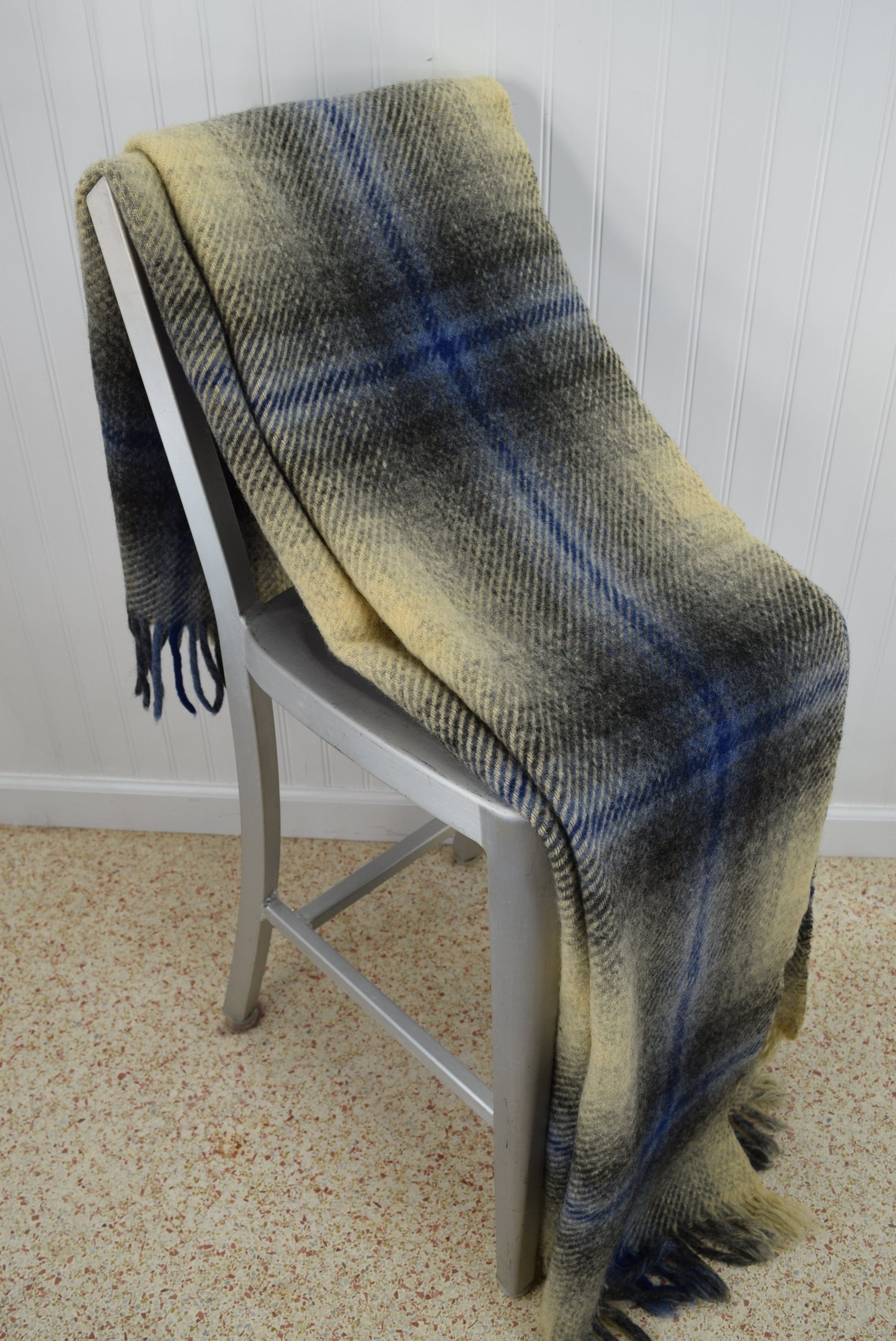 Wool O The West Wool Fringed Blanket Throw for sale Collectible 1940s Blue Grey Plaid Tartan mid century