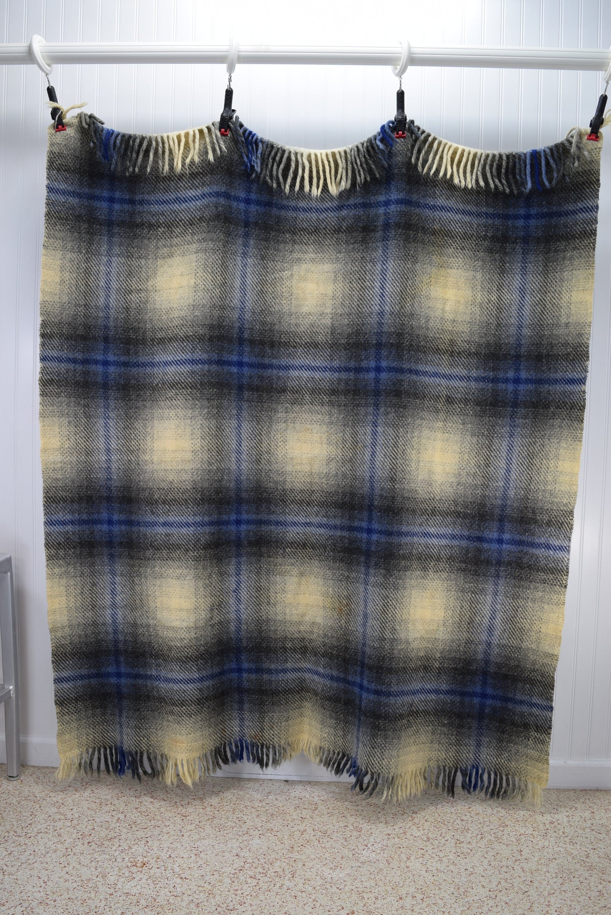 Wool O The West Wool Fringed Blanket Throw for sale Collectible 1940s Blue Grey Plaid Tartan navy 