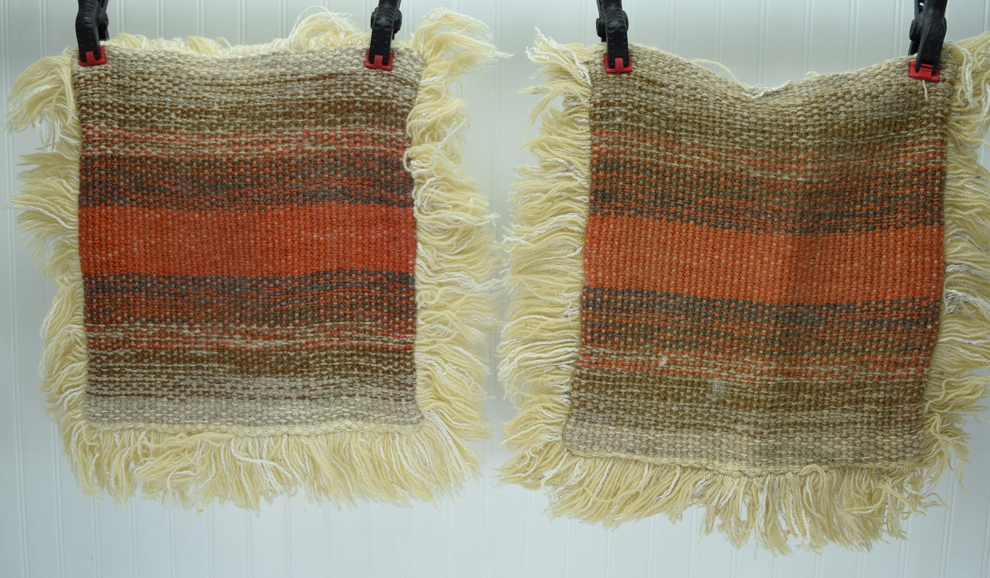 Vintage Pillow Covers Pair Hand Woven Wool Burnt Sienna Orange Browns 14" X 16"