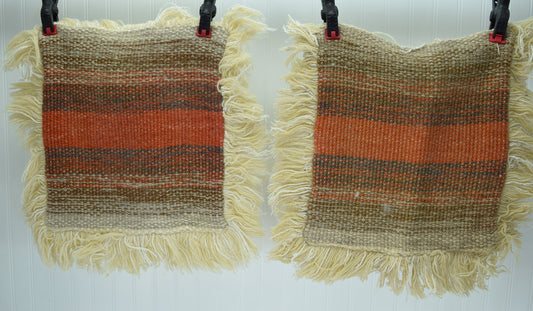 Vintage Pillow Covers Pair Hand Woven Wool Burnt Sienna Orange Browns 14" X 16"