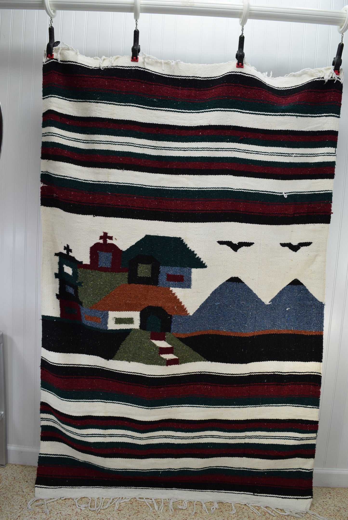 Cotton Rug Mexico Large 45" X 70"  Village Scene Stripes from Estate