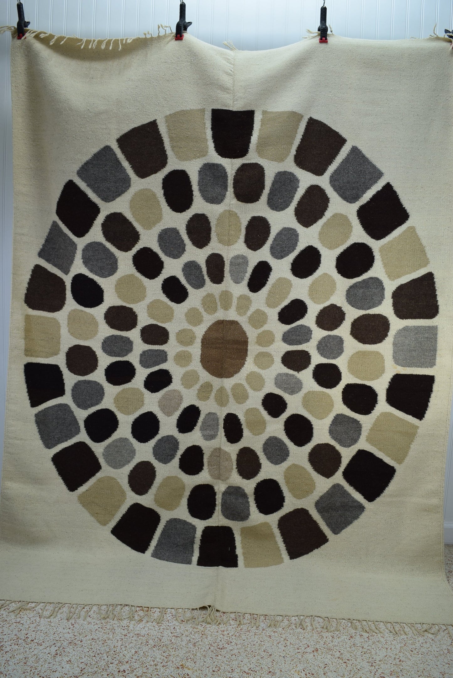 Wool Area Rug Natural Browns Greys Center Medallion Geometric Fringed