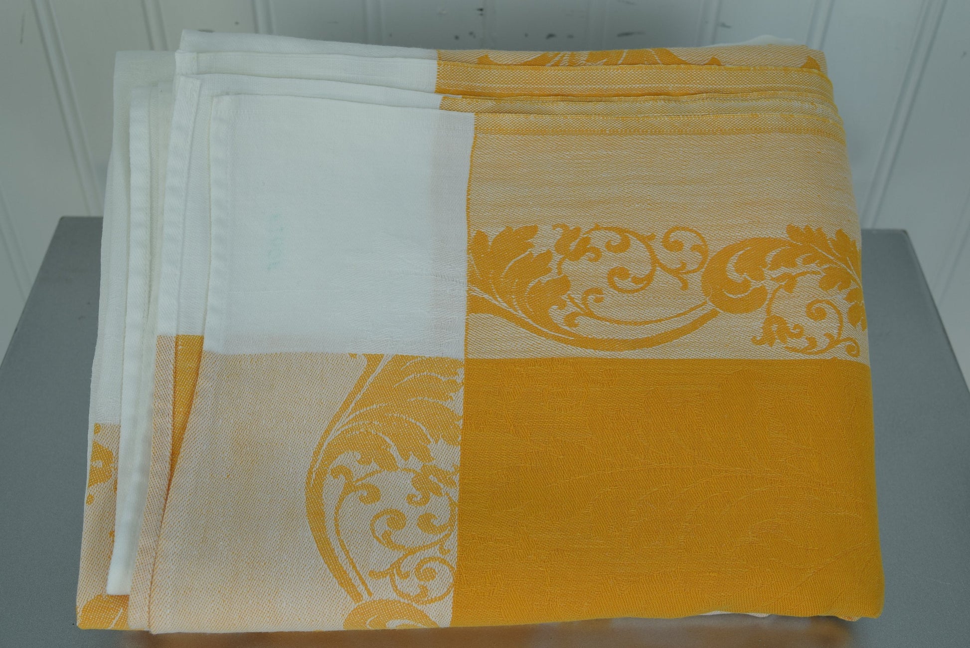 Linen Damask Tablecloth Vintage White Gold Leaves 60" X 82"