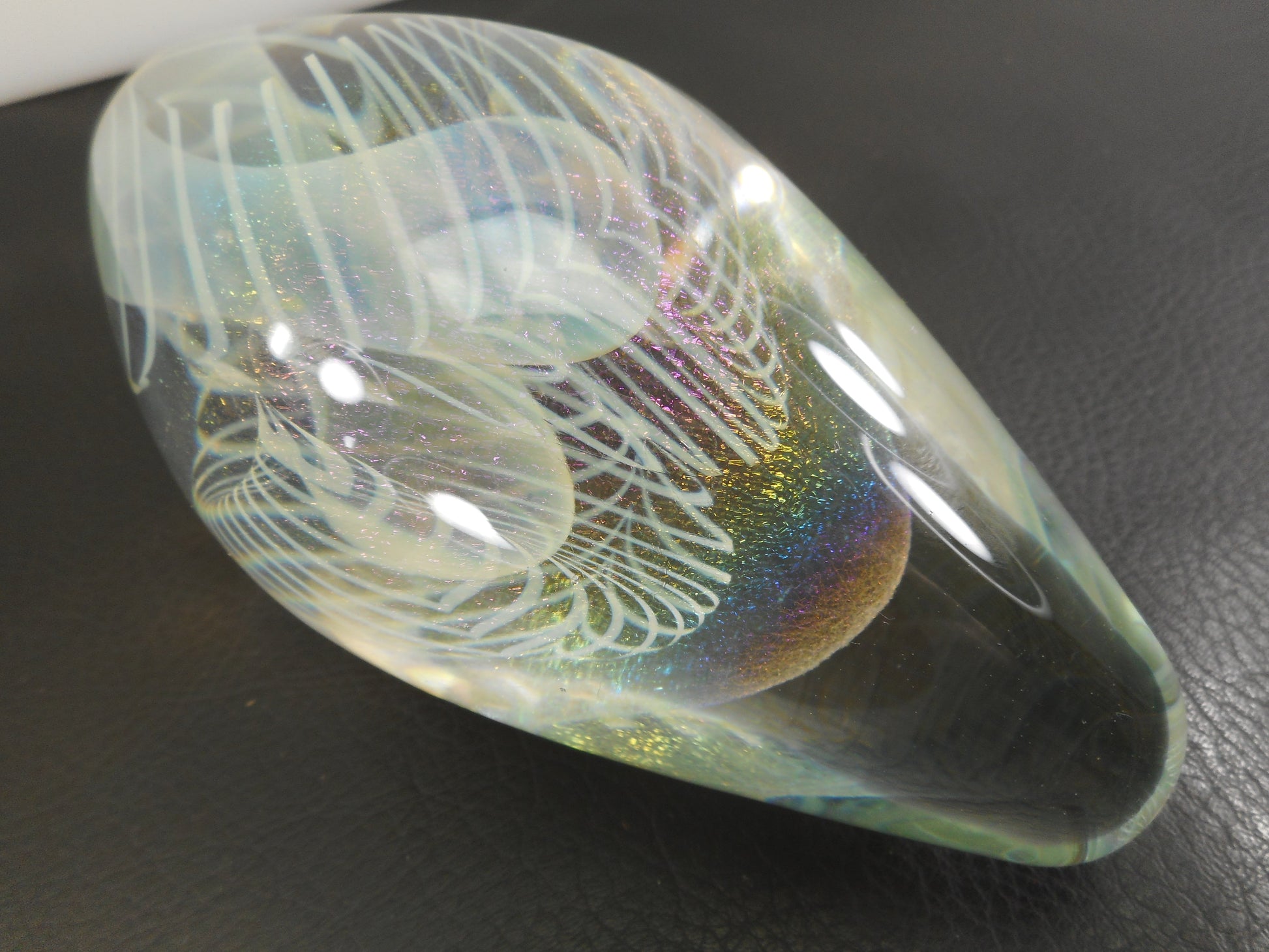 Robert Eickholt Signed 1995 Iridescent Art Glass Egg Pointed Paperweight Multi-Color