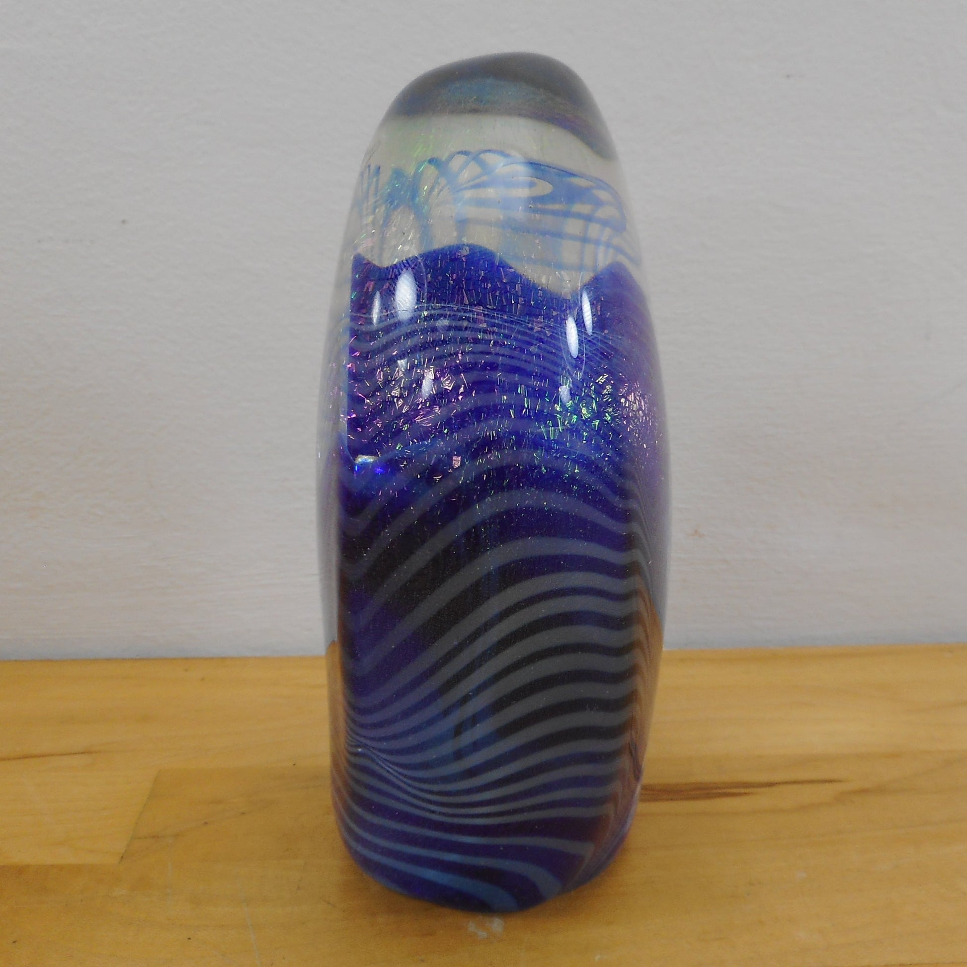 Robert Eickholt Signed 1983 Iridescent Art Glass Paperweight - Large 6" Blue Hand