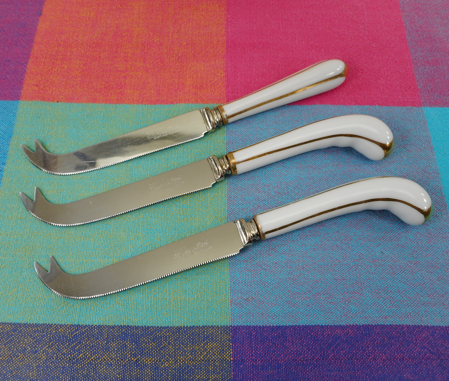Sheffield England 3 Stainless Cheese Knives Picks - White Porcelain Gold Stripes
