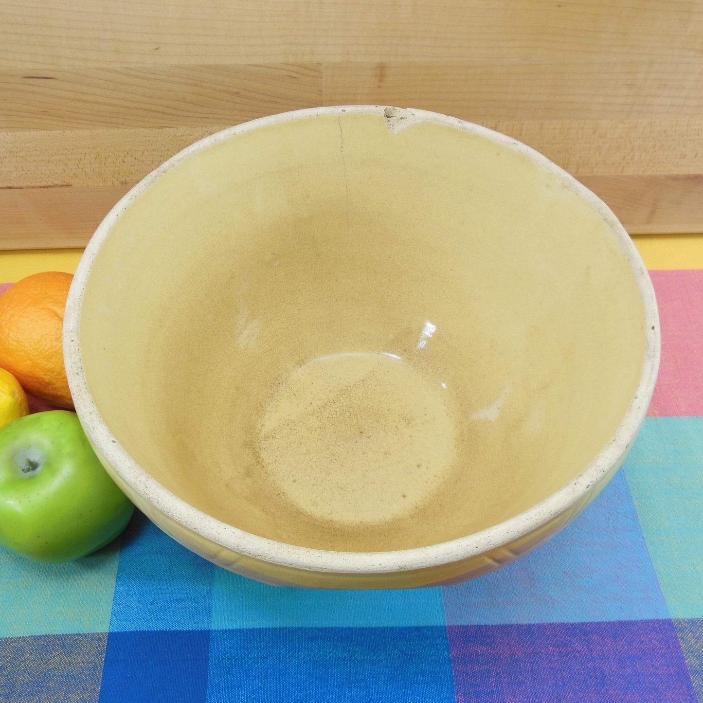 Watt Yellow Ware #10 Pottery Bowl Blue/White Bands Scallop Antique