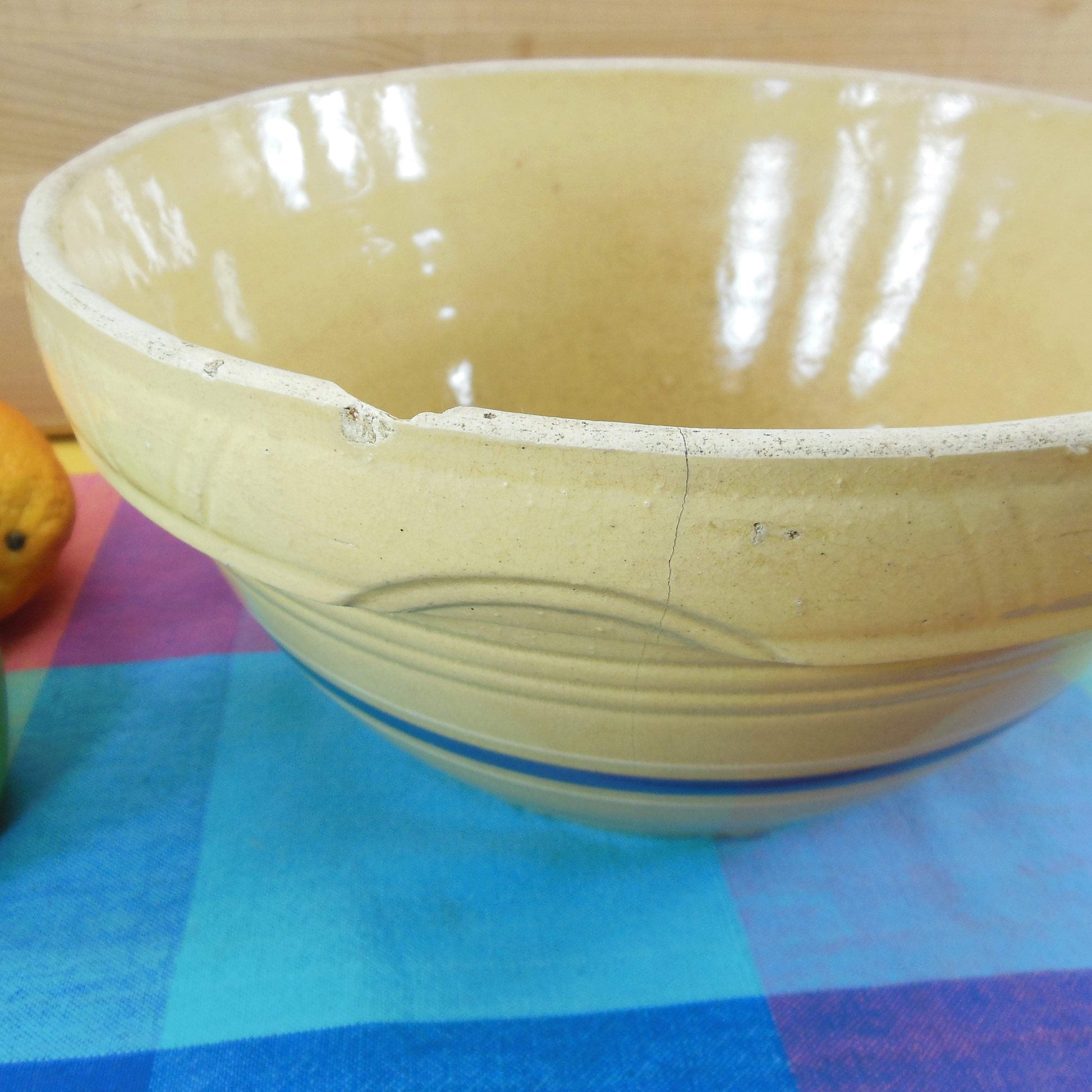 Watt Yellow Ware #10 Pottery Bowl Blue/White Bands Scallop Crack Chip