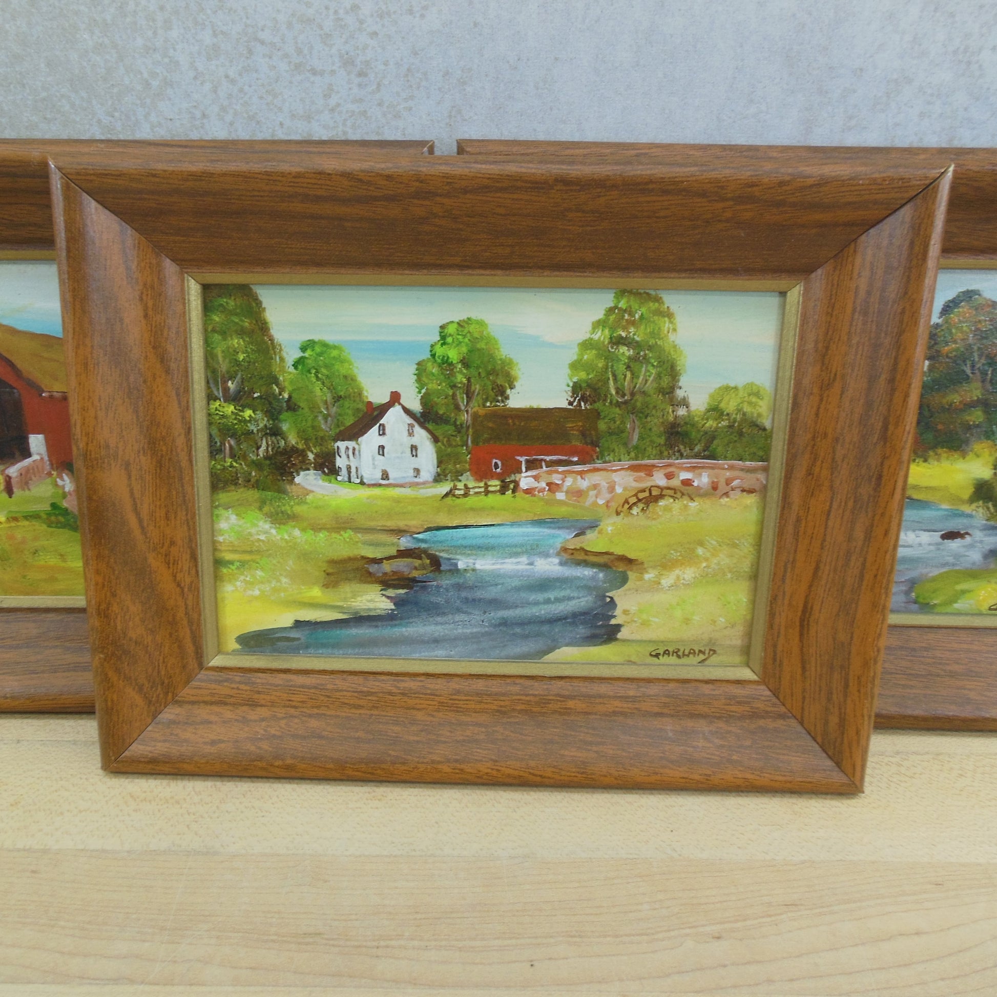 Charles Thomas Garland 3 Lot Folk Art Paintings Farm House Bridge River