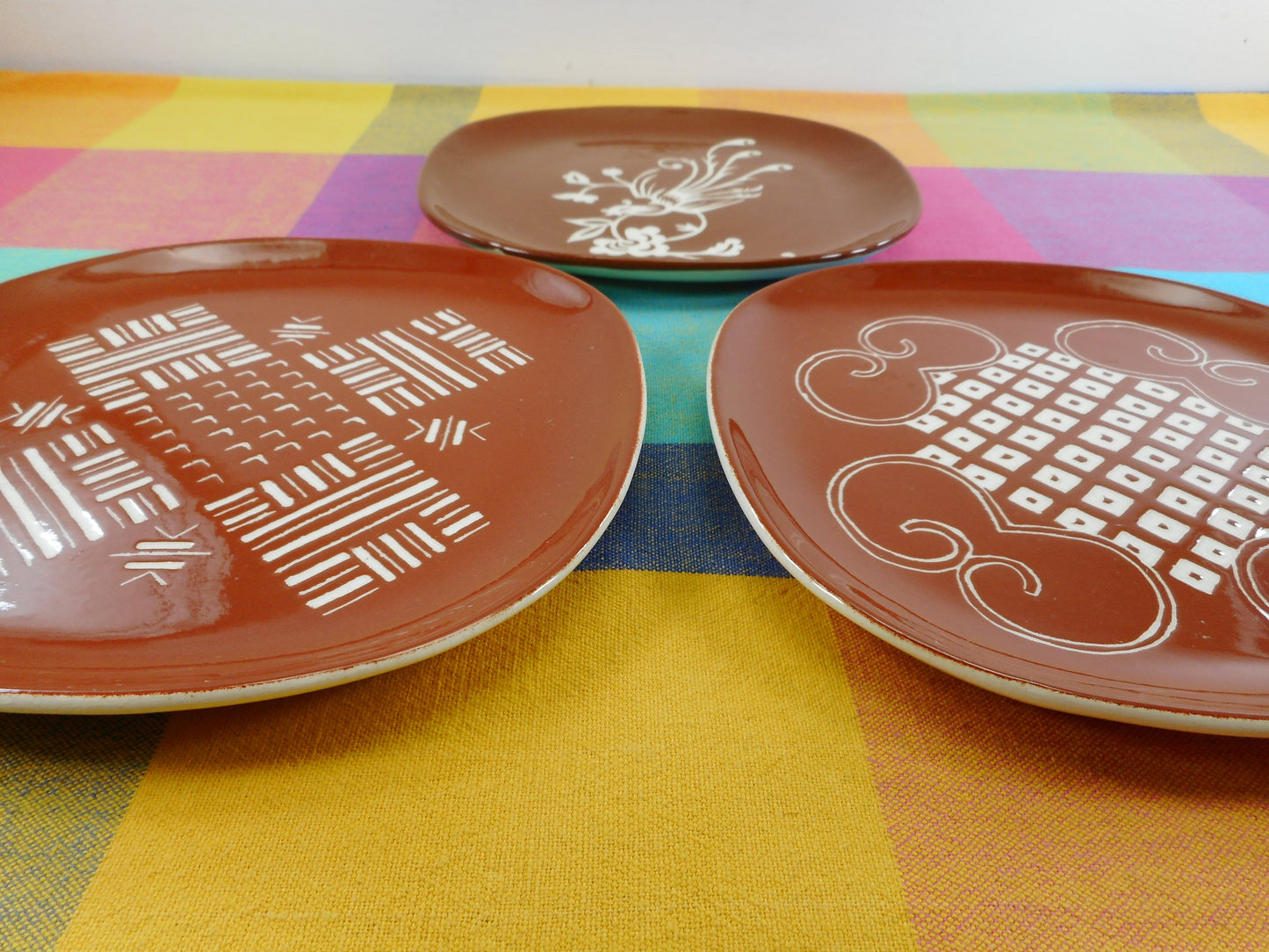 Arts Crafts Colony Signed G.C.S. 1950s Square Plates Brown White Pottery Mid Century