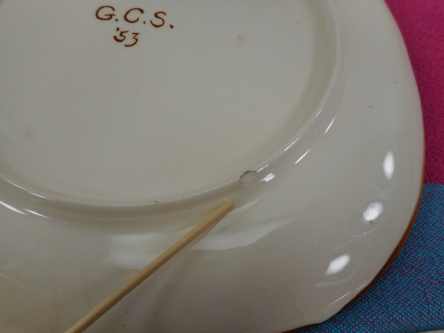 Arts Crafts Colony Signed G.C.S. 1950s Square Plates Brown White Pottery - chip