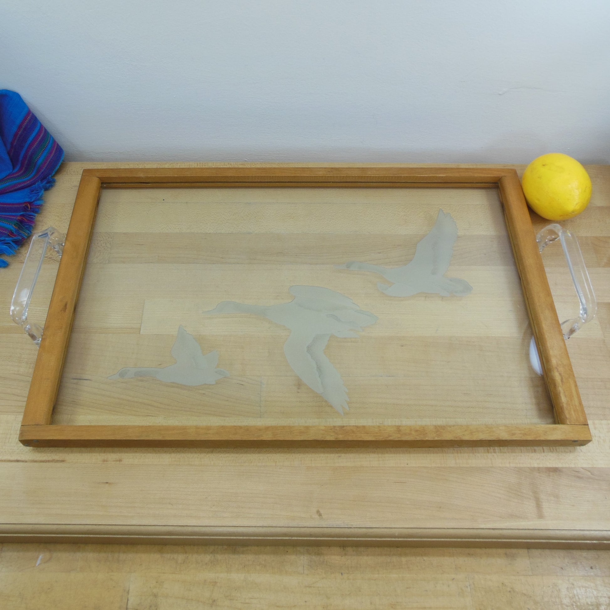 Etched Flying Geese Glass Serving Tray Wood Frame Lucite Handles