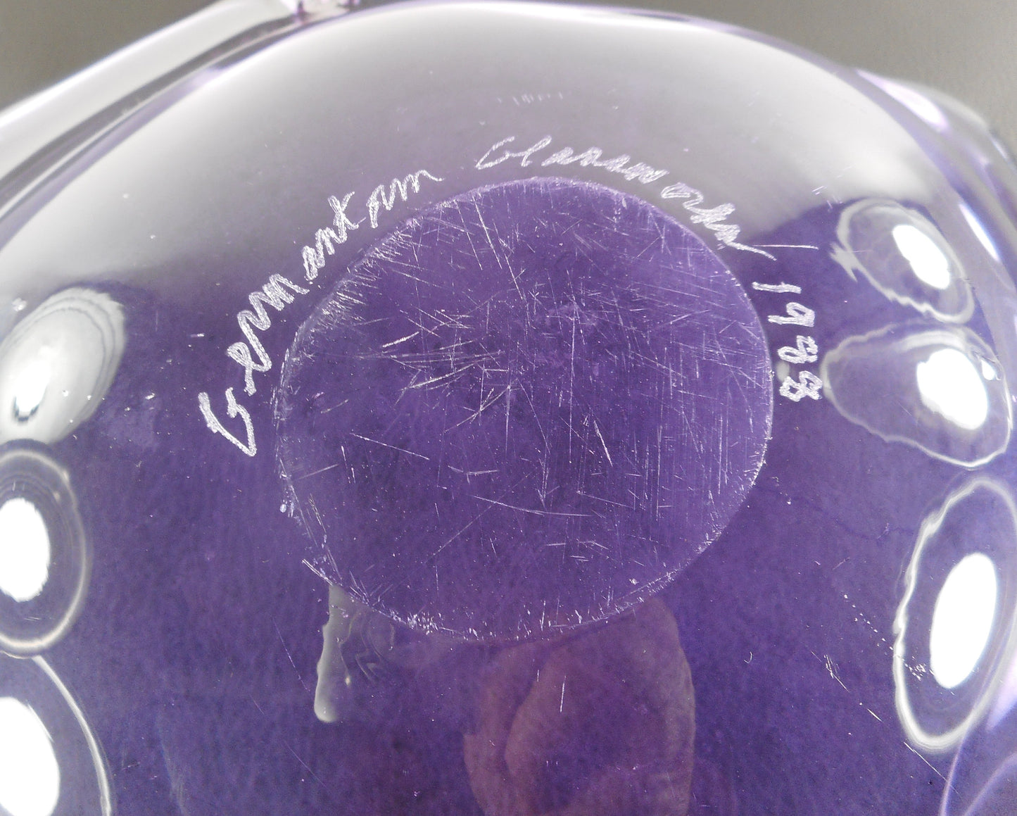 Germantown Glassworks 1988 Etched Signed Large 19" Purple Art Glass Bowl Free Form
