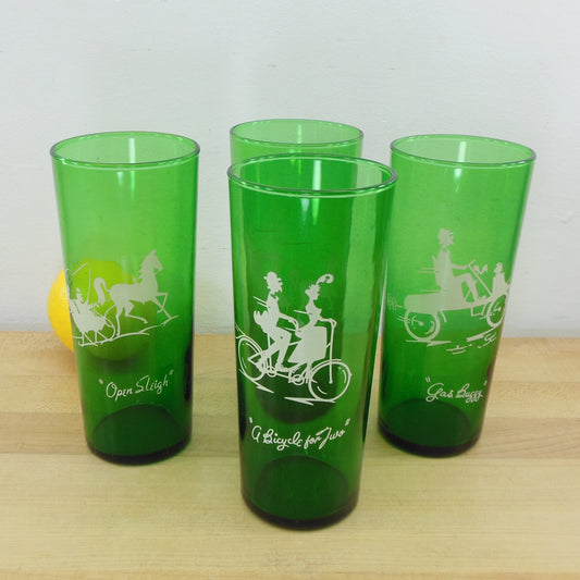 Anchor Hocking Forest Green Tall Drink Bar Glasses Horse Automobile Bicycle