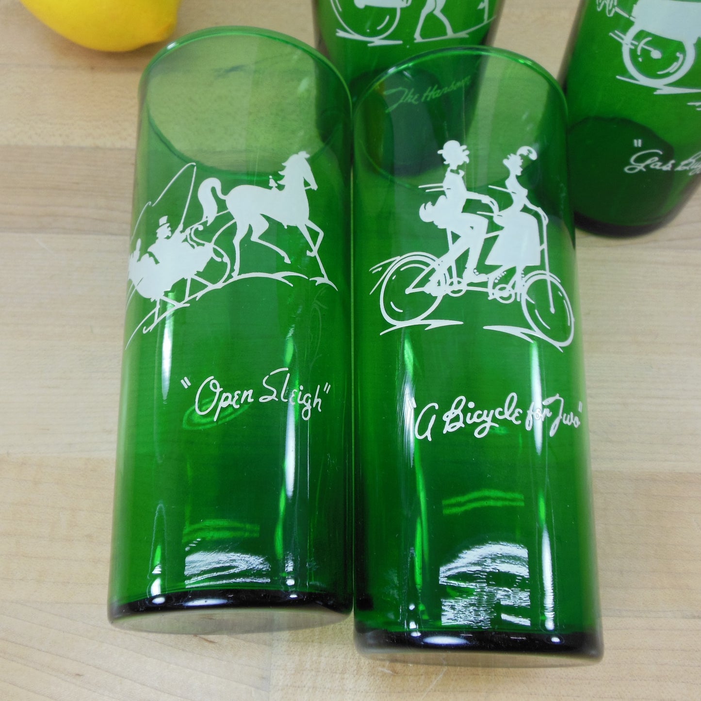 Anchor Hocking Forest Green Tall Drink Bar Glasses Horse Automobile Bicycle Vintage