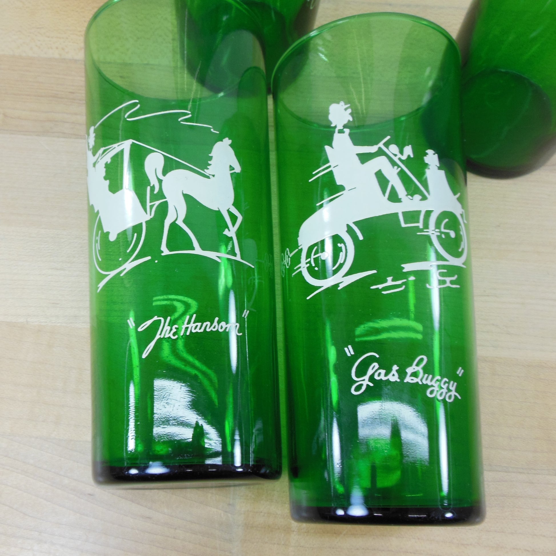 Anchor Hocking Forest Green Tall Drink Bar Glasses Horse Automobile Bicycle Hanson Sleigh