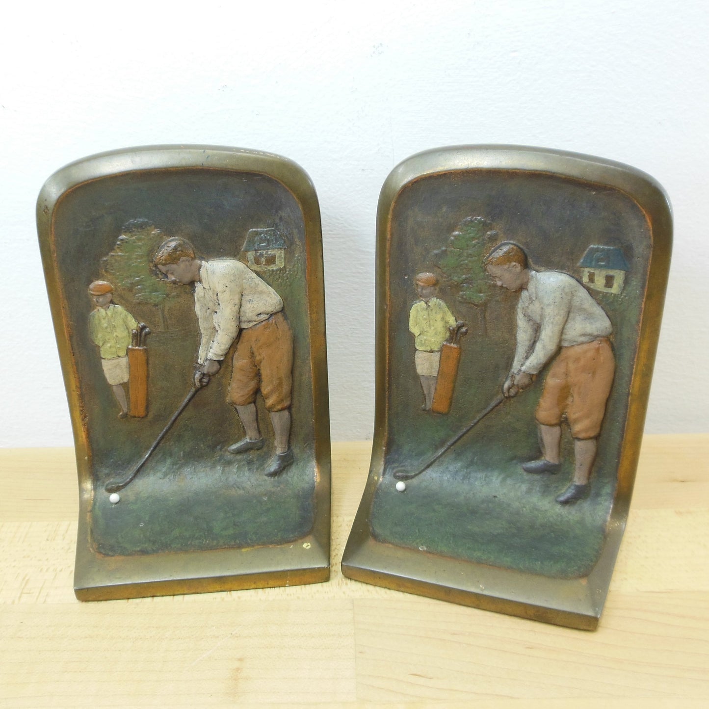 Rare Bronze Polychrome Painted Bookends Golfer Caddy Club House 1920-30s