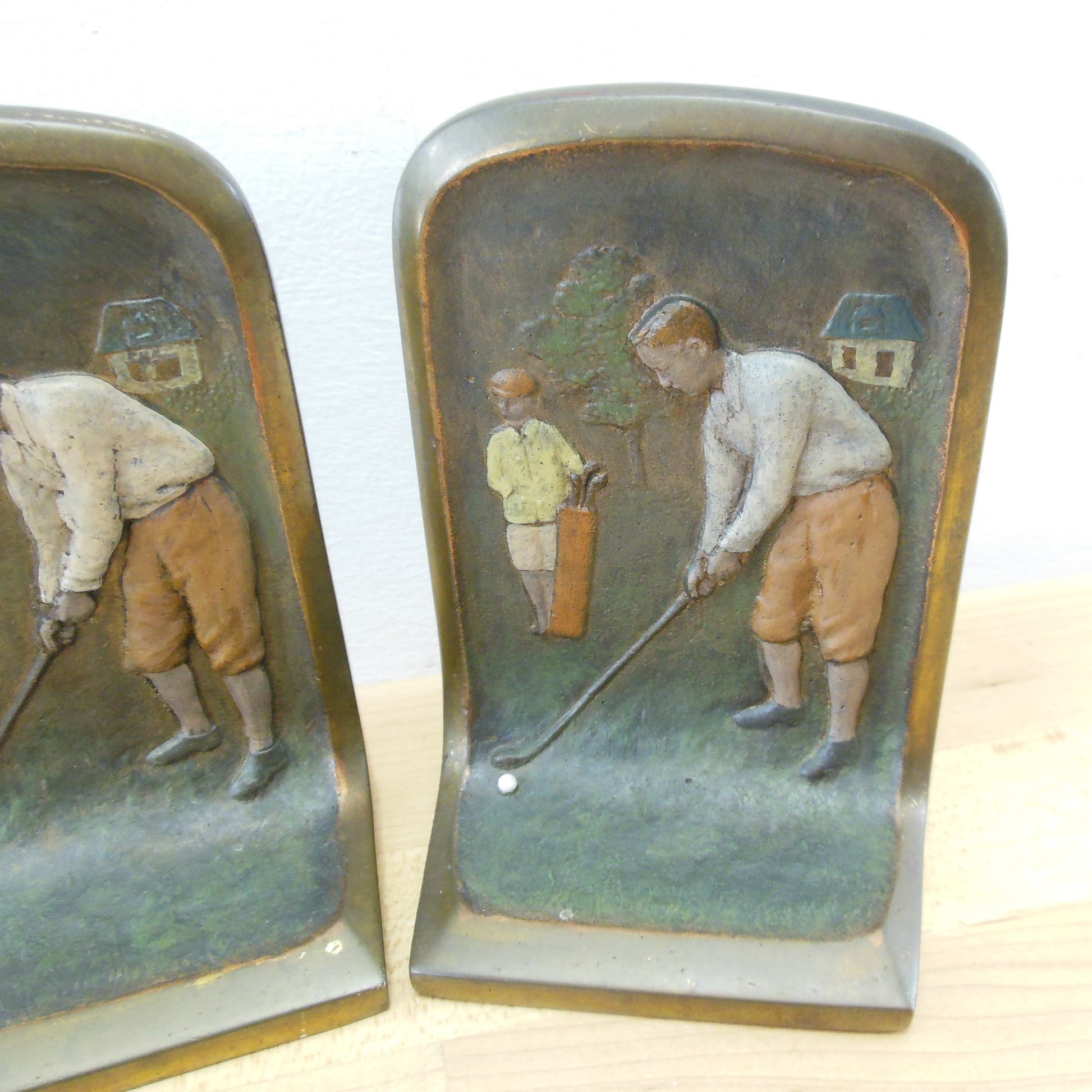 Rare Bronze Polychrome Painted Bookends Golfer Caddy Club House 1920-30s Vintage