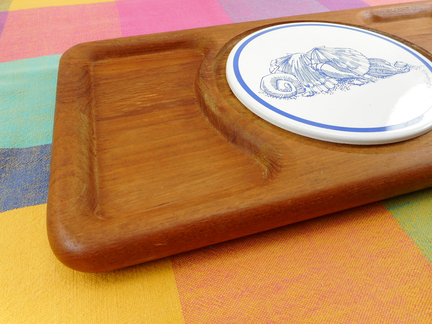 Goodwood Thailand Vintage Teak Serving Cheese Tray Ceramic Tile Seashells... recessed