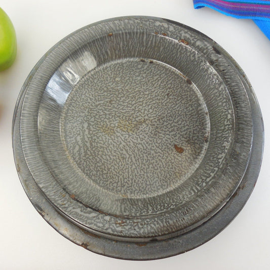 Old Grey Graniteware Pie 4 Plates - Vintage Enamelware Tins Cookware