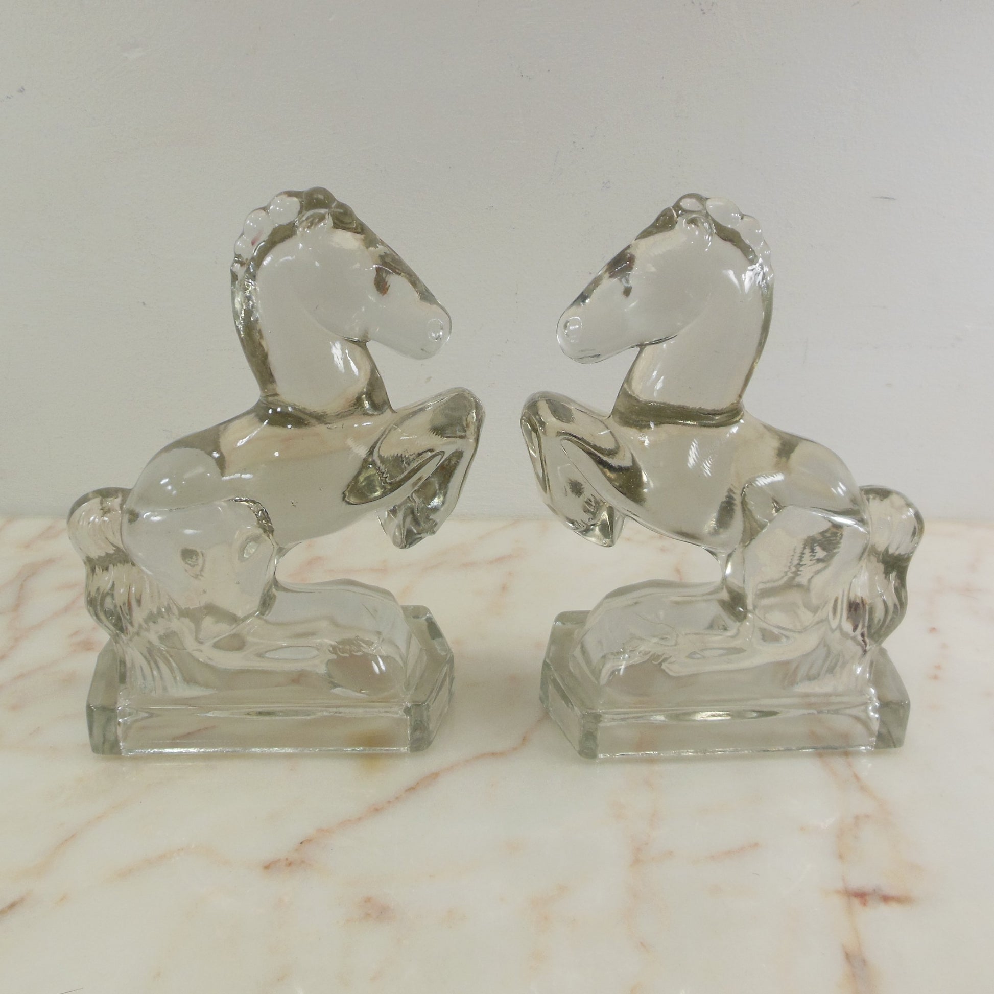 L.E. Smith Clear Glass Rearing Horse Bookends Vintage