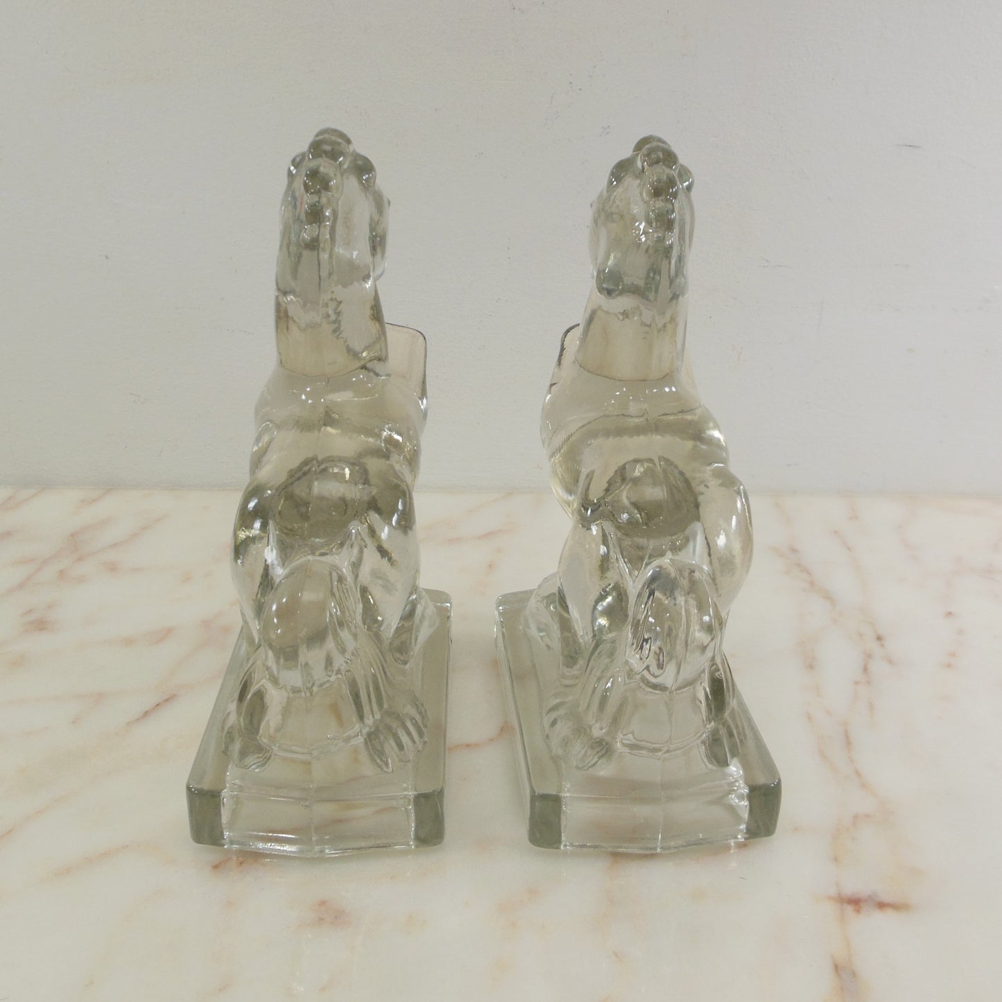 L.E. Smith Clear Glass Rearing Horse Bookends 8"