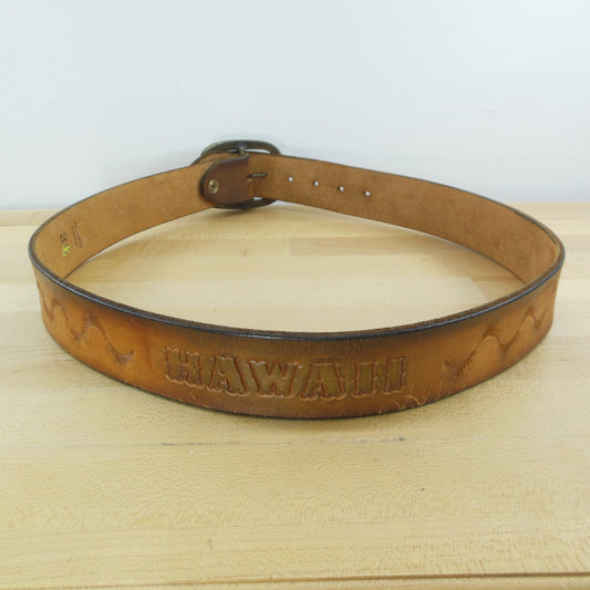 Hawaii Handcrafted 1970's Tooled Leather Belt Brass Buckle Hippie 36