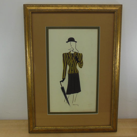 Harvey Signed Fashion Illustration Vintage Yellow Strip Women's Coat Derby