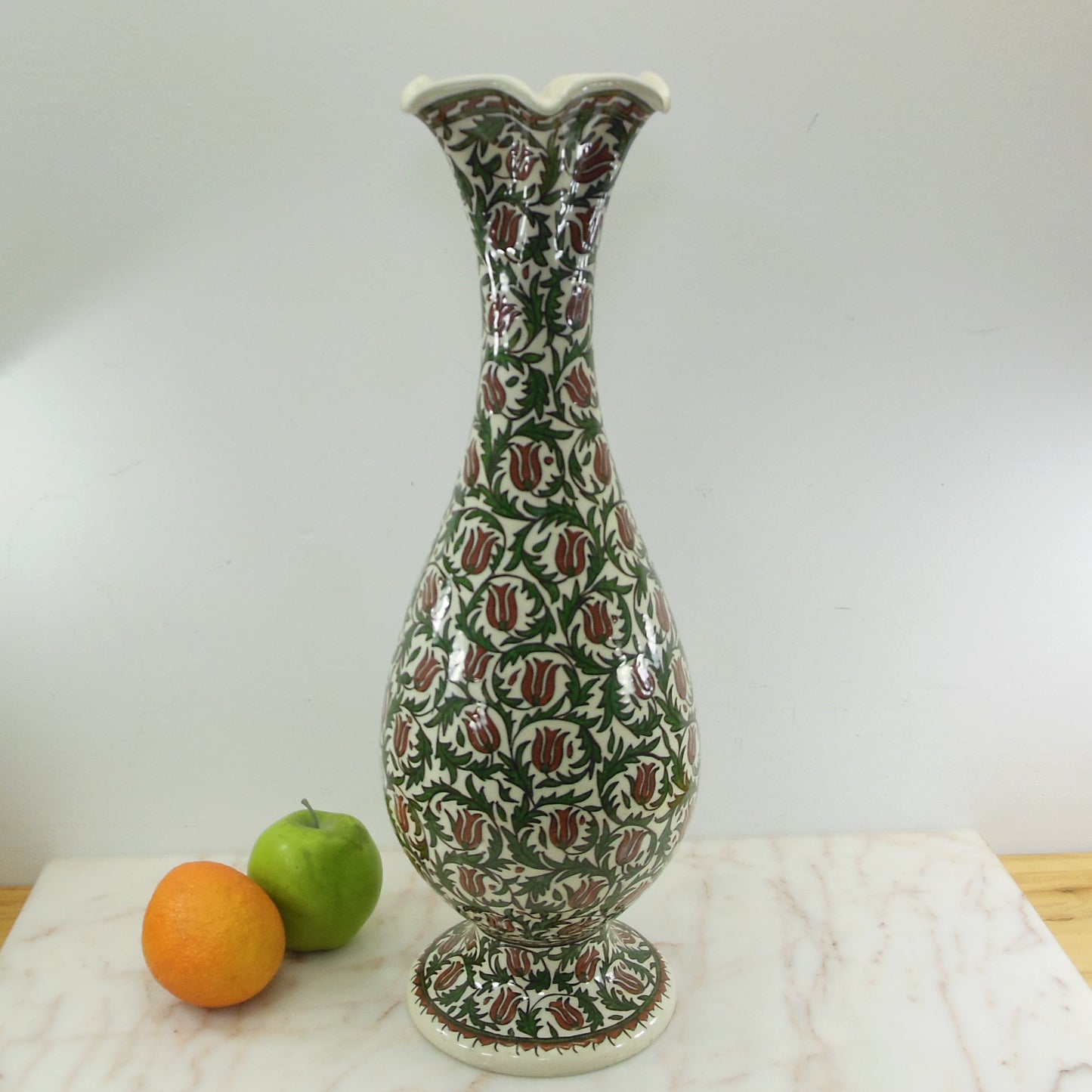 Turkish Iznik Style Large 20.5" Pottery Vase Vining Green Leaves Red Flower