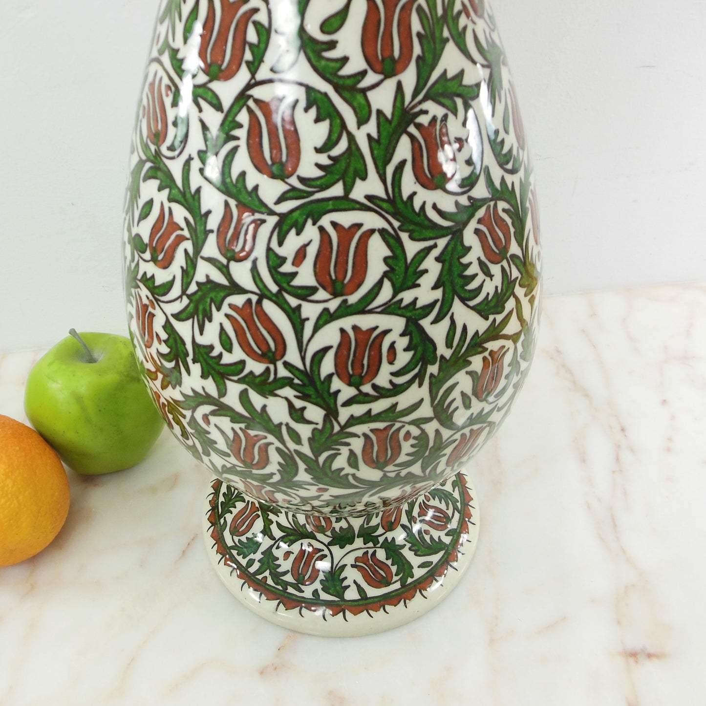 Turkish Iznik Style Large 20.5" Pottery Vase Vining Green Leaves Red Flower 3 Petal