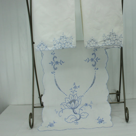 Collection 3 Pieces Classic Blue White Cotton Pillow Cases Table Dresser Runner