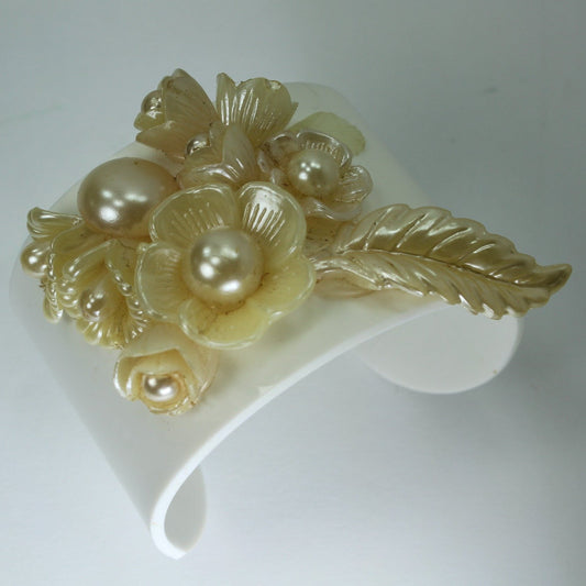 Vintage Cuff Bracelet Pearlized Flowers Dimensional