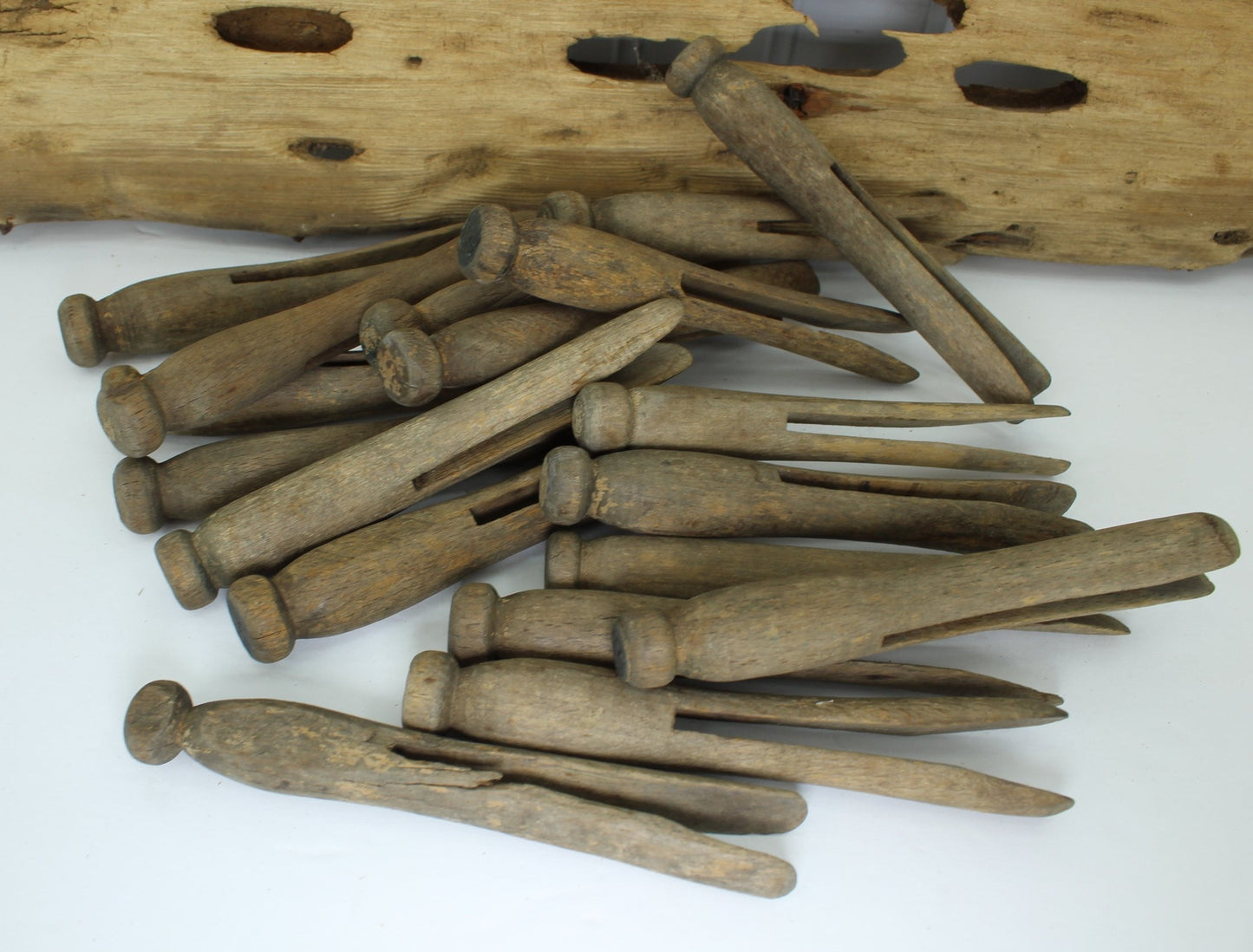Vintage 18 Clothespins Large 5" Round Head Weathered substantial weight wood projects DIY