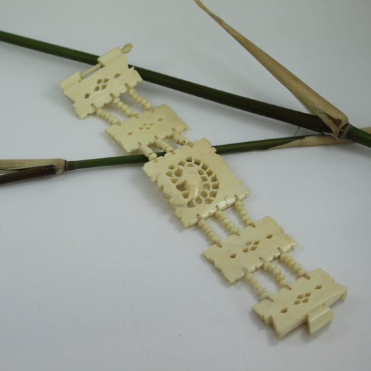 Faux Ivory Bracelet Older Carved Panel Elephant Cord Strung Round Beads Rare Stick Close