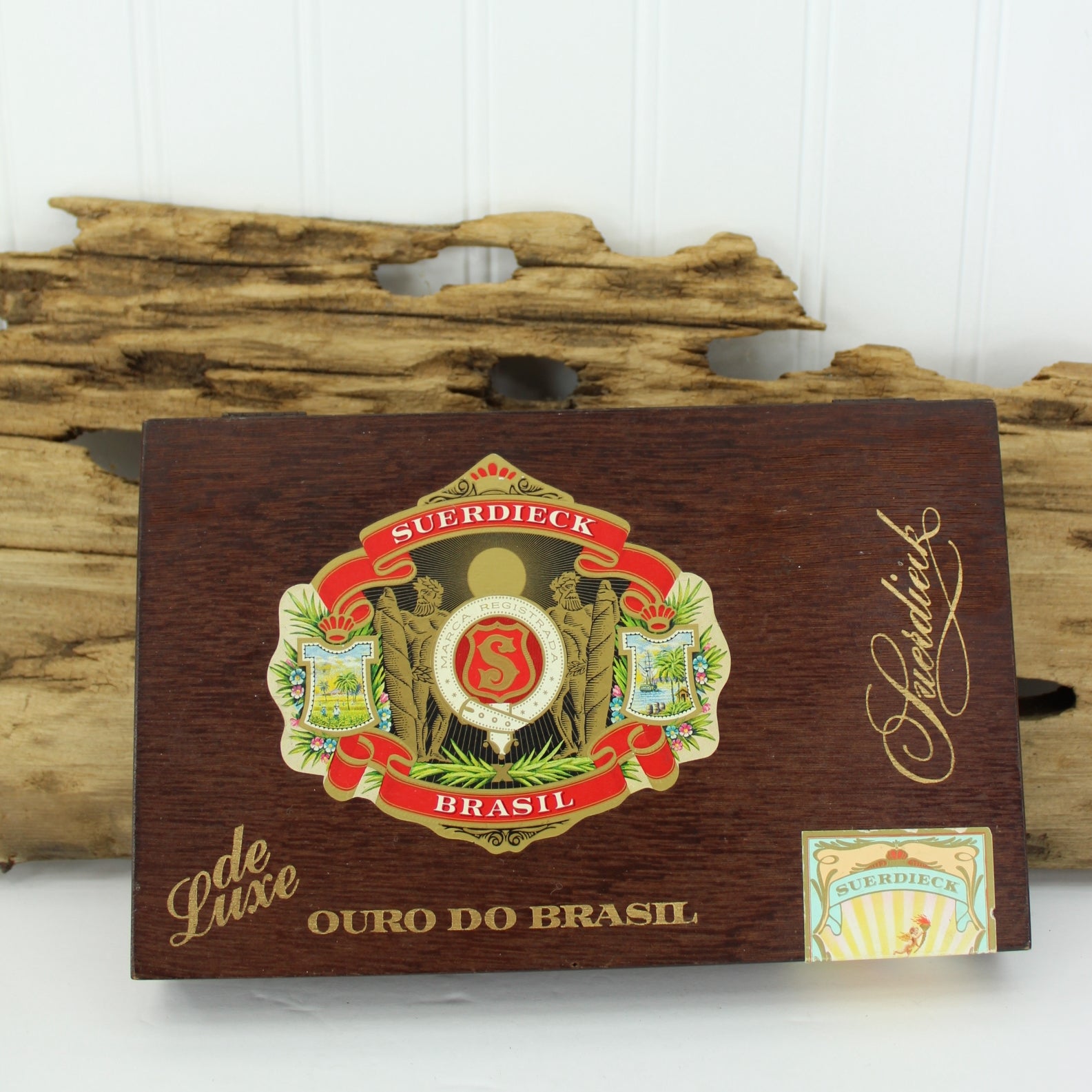 Cigar Box Wood Brasil DIY Purse Collectilble Suerdieck de Luxe Clean Nice Logos