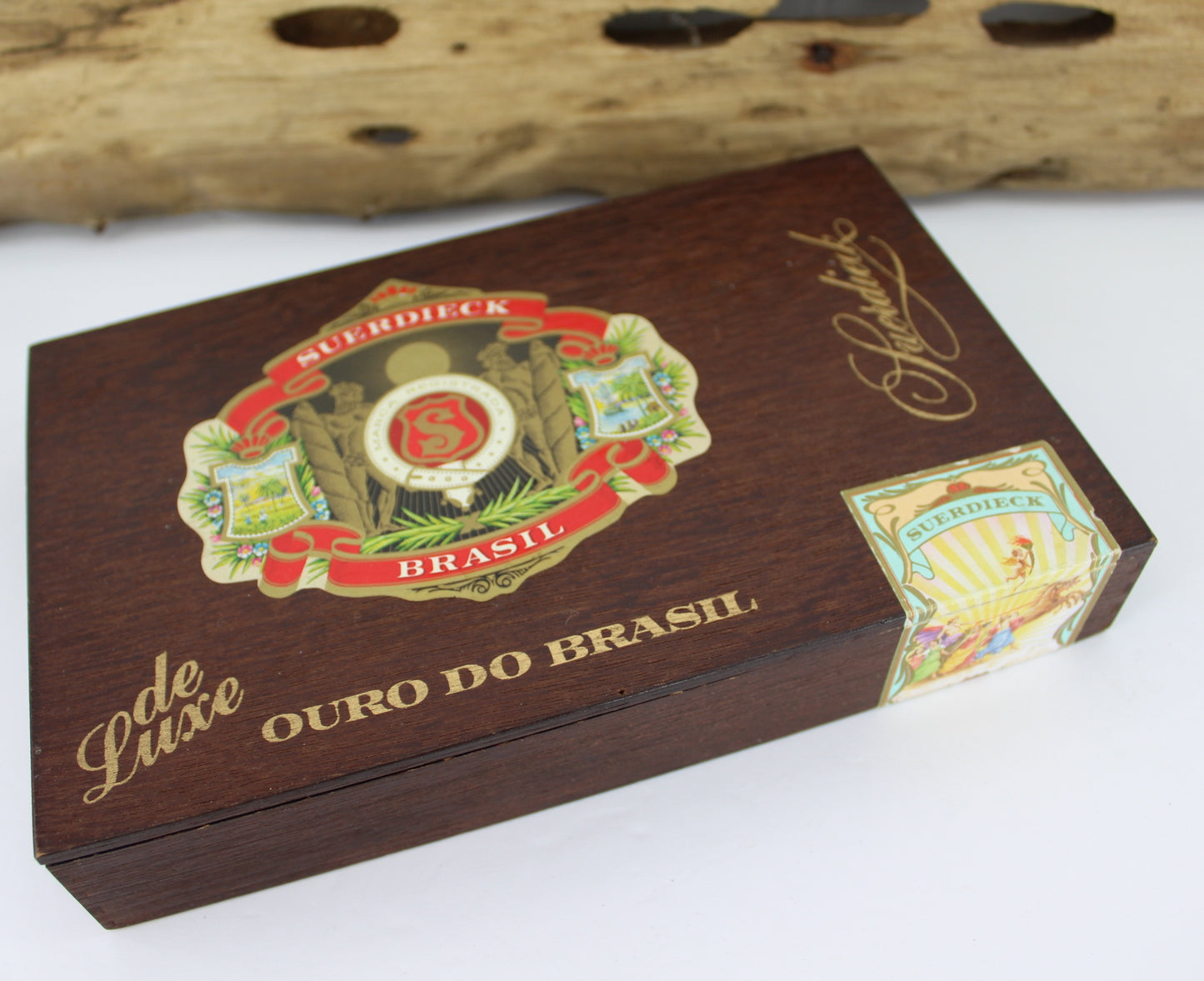 Cigar Box Wood Brasil DIY Purse Collectilble Suerdieck de Luxe Clean Nice Logos dark brown wood