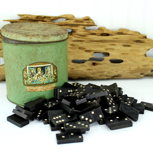 Wonderful Old Antique Tin Can with 80 Dominoes Estate Item