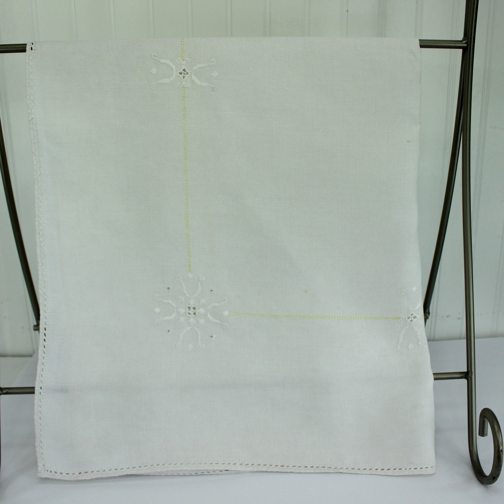 Older Small Heavy Linen Table Cloth Embroidery Yellow Drawn Work Edging