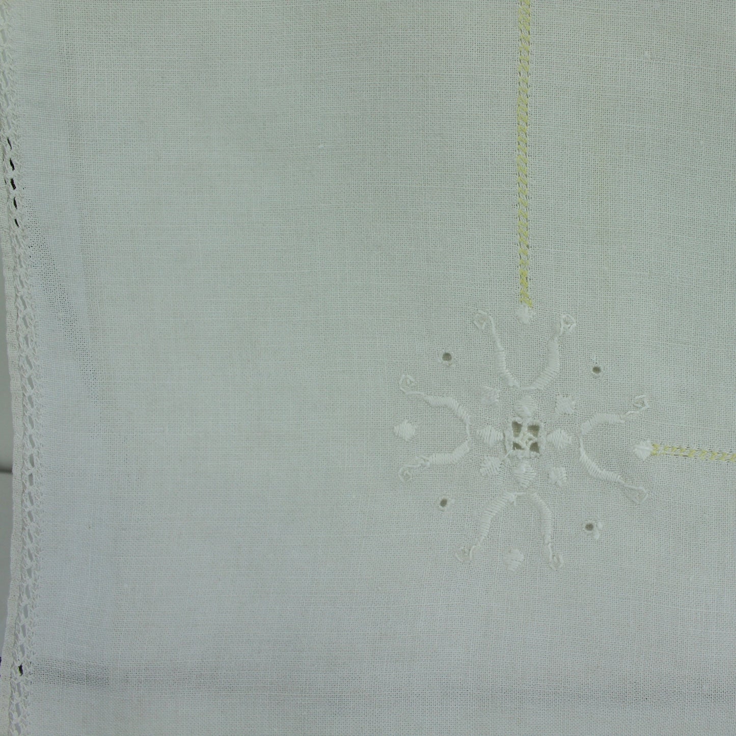 Older Small Heavy Linen Table Cloth Embroidery Yellow Drawn Work Edging closeup design