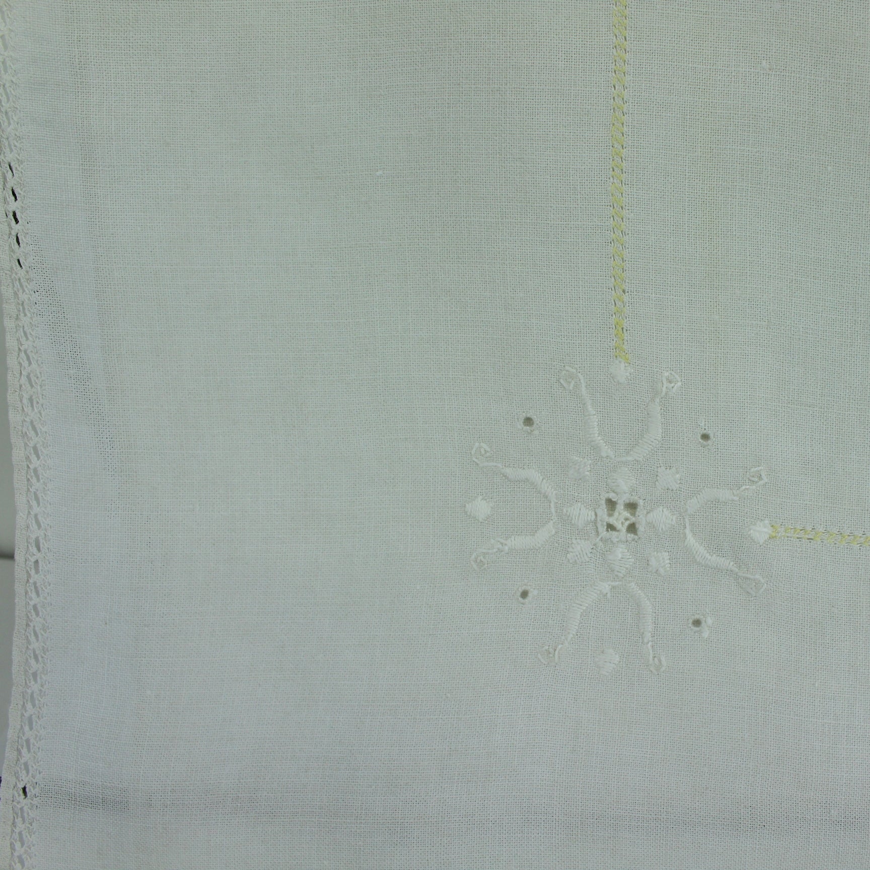 Older Small Heavy Linen Table Cloth Embroidery Yellow Drawn Work Edging closeup design