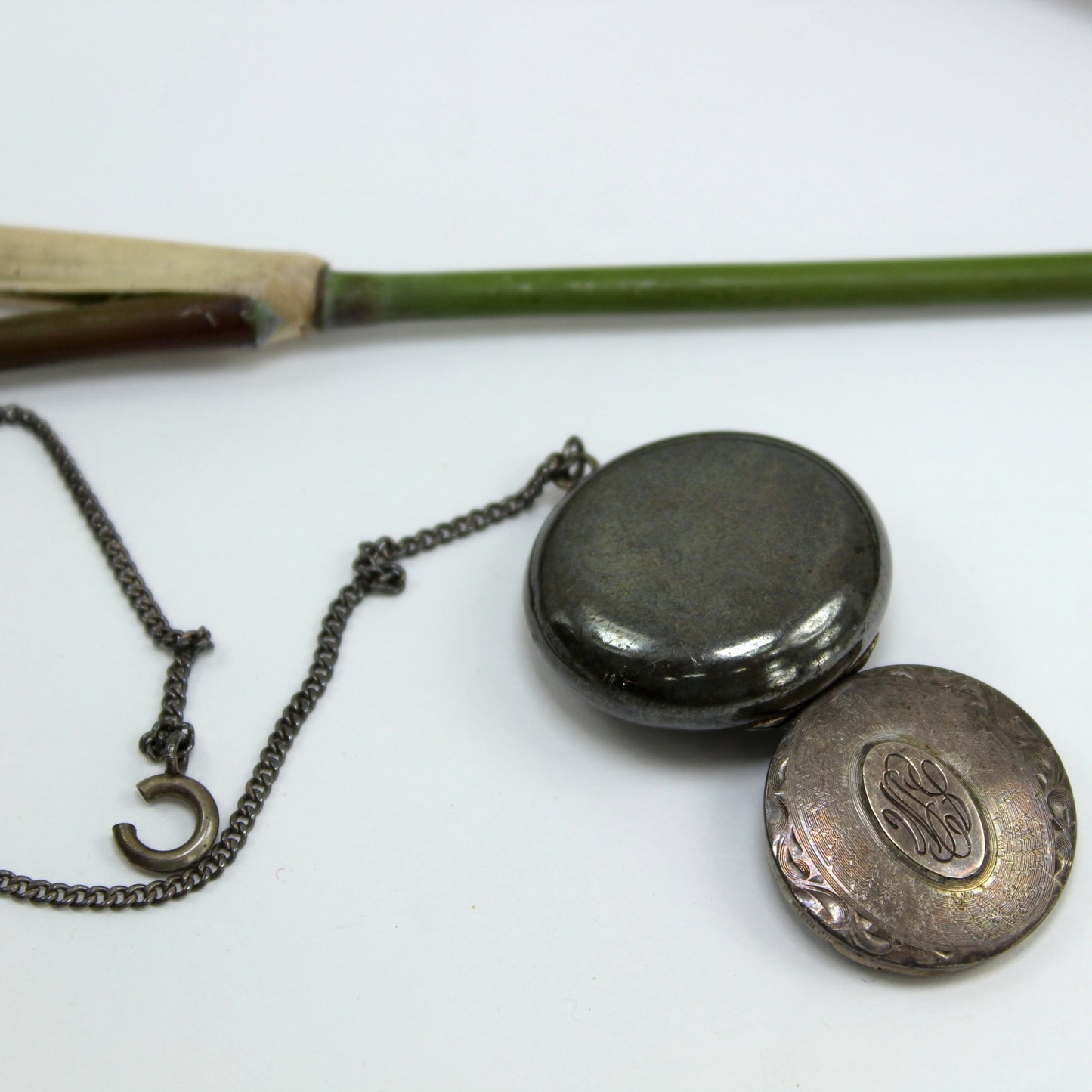 Antique Victorian Chatelaine Silver Pill Box both sides of box closeup