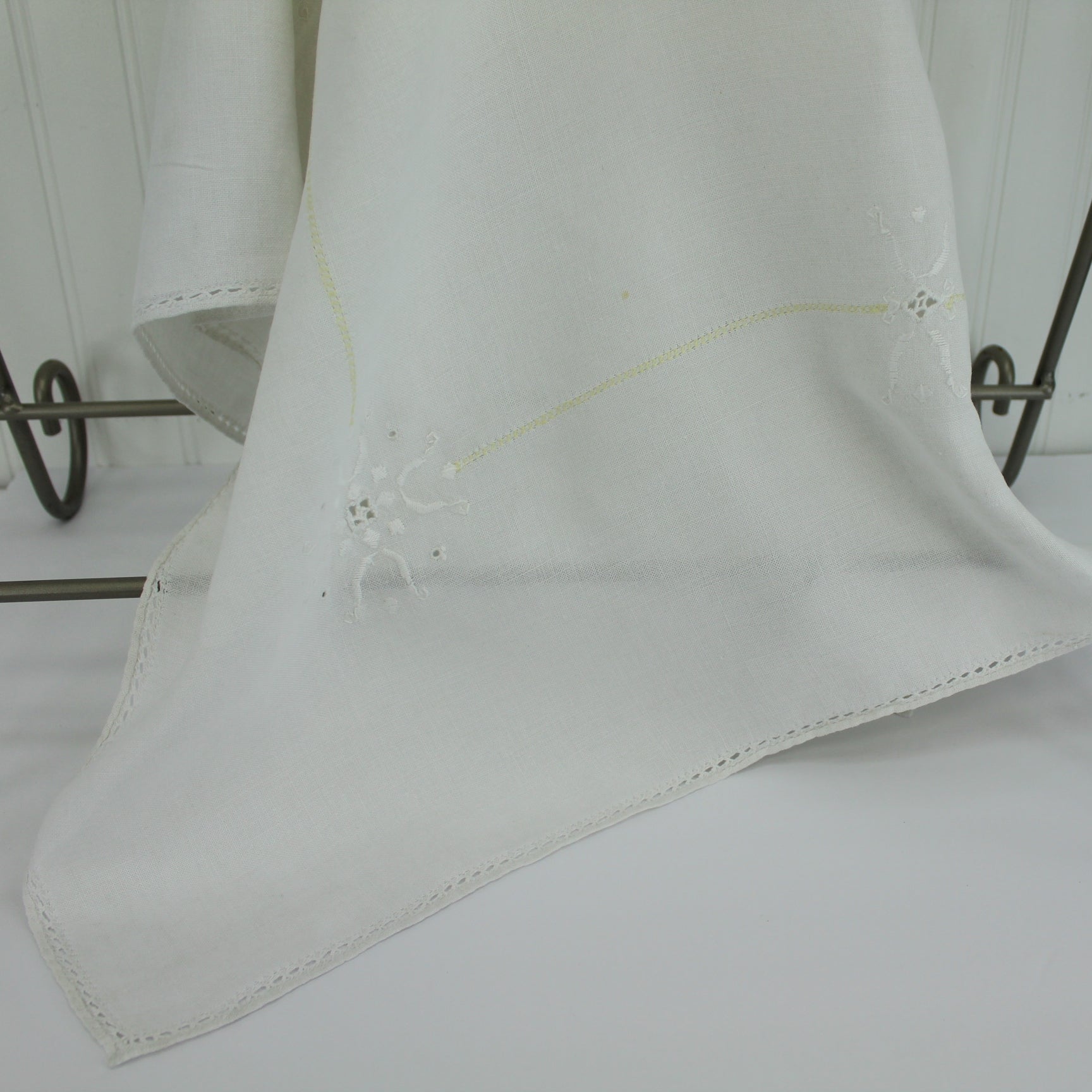 Older Small Heavy Linen Table Cloth Embroidery Yellow Drawn Work Edging corner view and hem