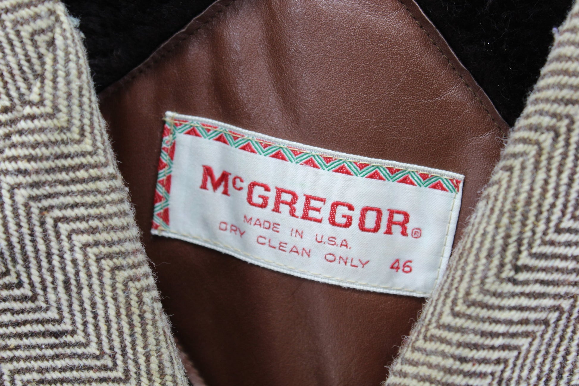 McGregor Vintage Car Coat Brown Herringbone Wool 1970s Faux Fur Lined size 46
