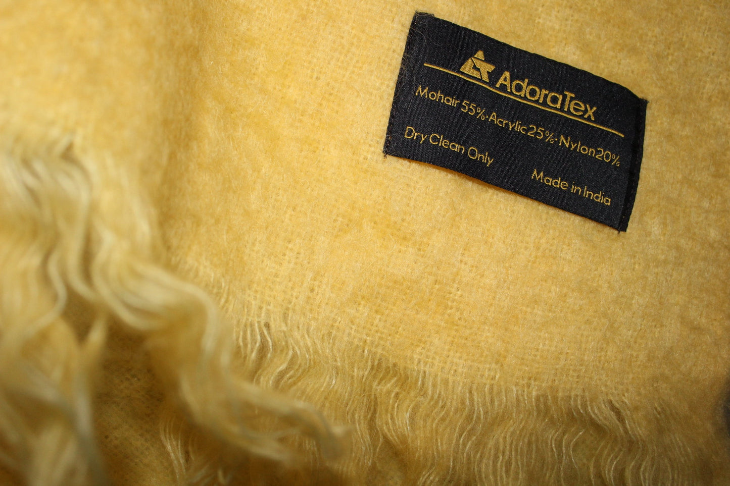 Maker's label. ADORATEX Mohair Blend Fringed Throw Muted Yellow Pale Green soft fluffy