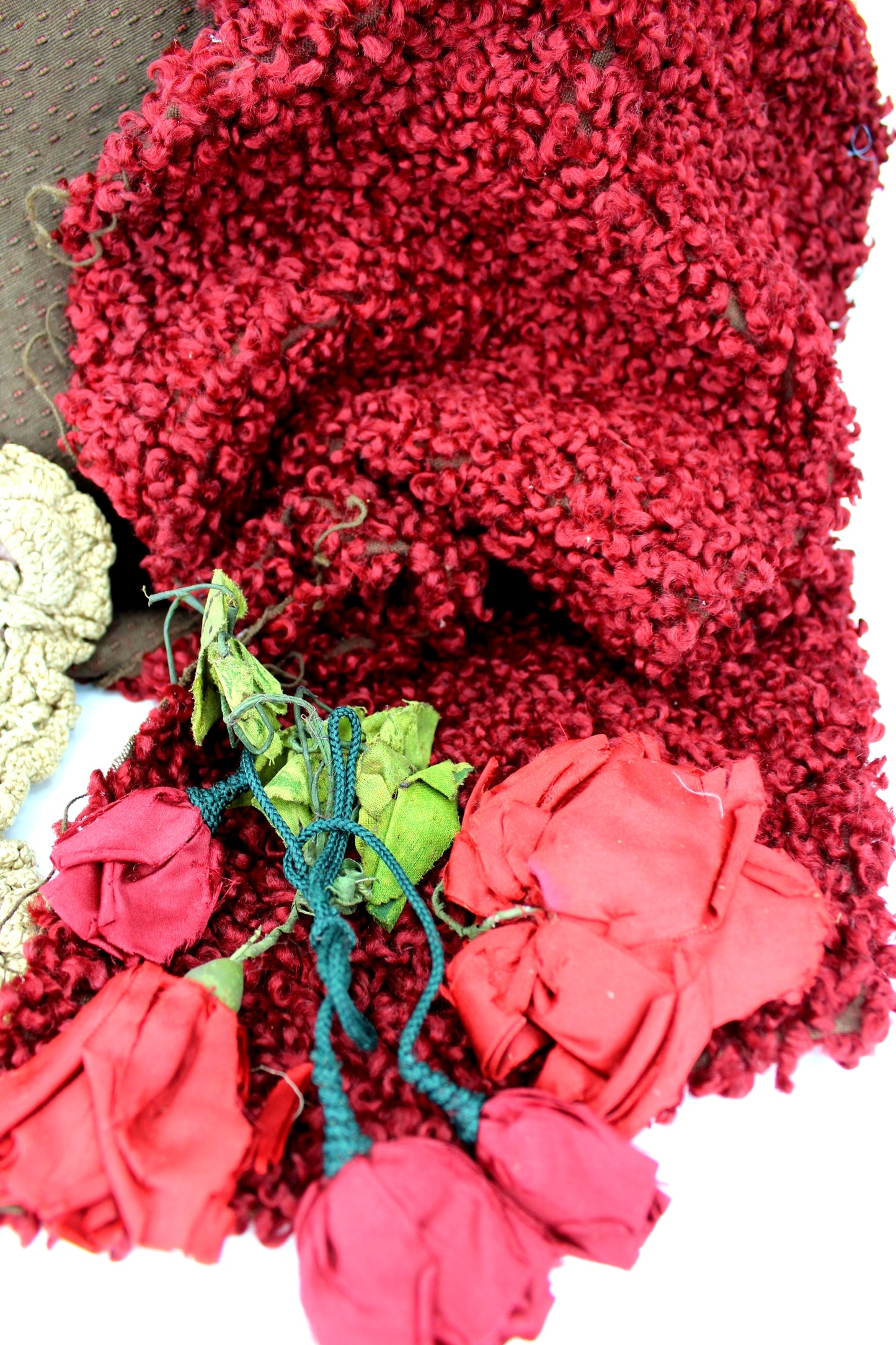 Victorian Antique Craft 2 Items - Red Curly Fabric & Unfinished Crochet Purse doll clothes