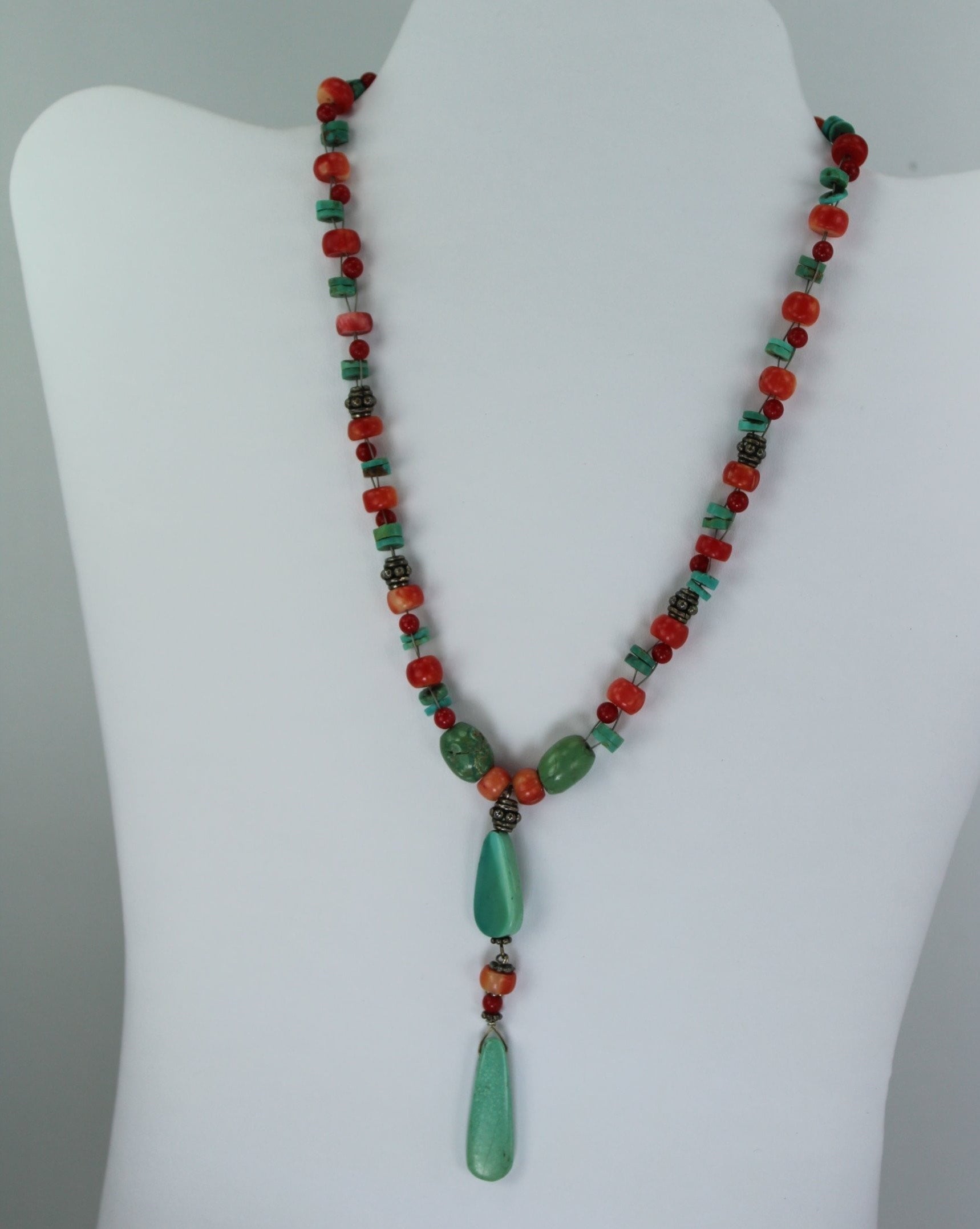 Necklace Turquoise Coral Red Stones Silver Beads Variety Shapes Great Feel Look unusual