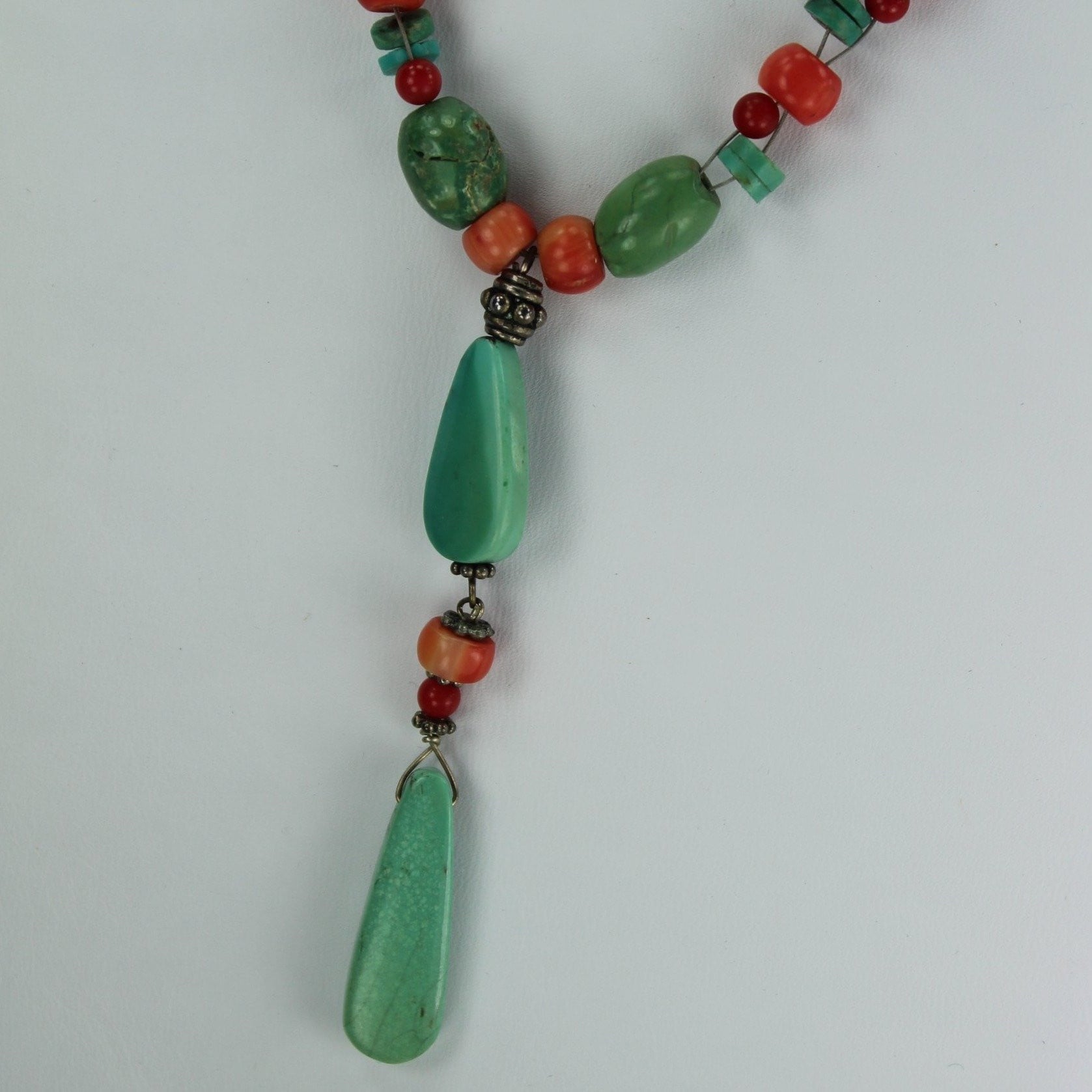 Necklace Turquoise Coral Red Stones Silver Beads Variety Shapes Great Feel Look great colors