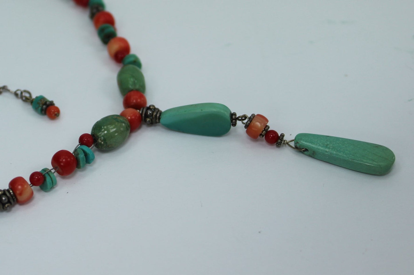Necklace Turquoise Coral Red Stones Silver Beads Variety Shapes Great Feel Look southwest colors