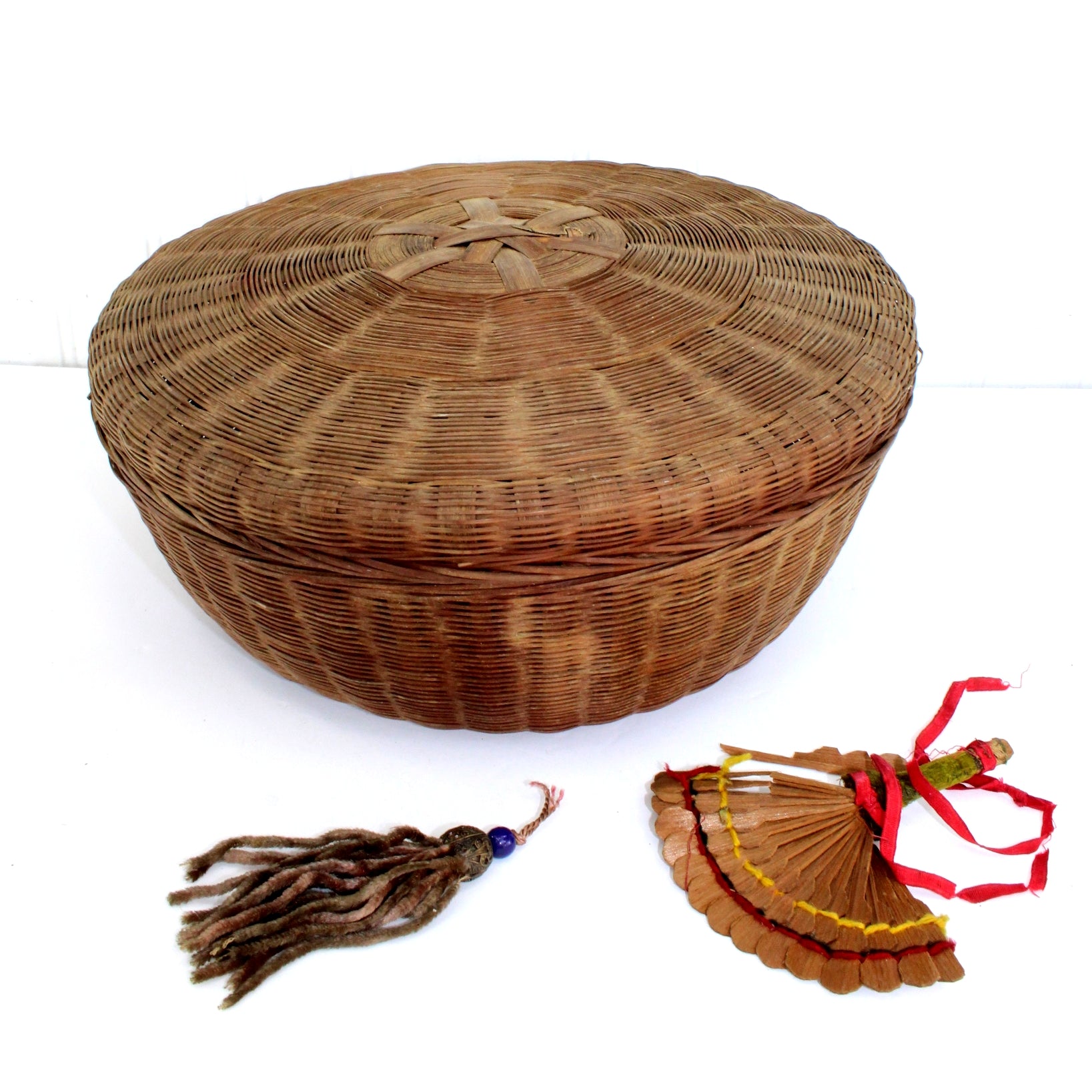 Antique Sewing Basket Chenille Tassel from Estate round basket 12" diameter